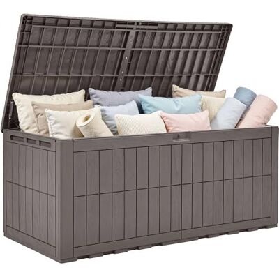 YITAHOME 833L grande al aire libre jardín caja de almacenamiento, caja de cubierta de resina impermeable con cerradura y pistón hidráulico, 3 personas sofá asiento para cojines de patio y herramientas YITAHOME 833L grande al aire libre jardín caja de almacenamiento, caja de cubierta de resina impermeable con cerradura y pistón hidráulico, 3 personas sofá asiento para cojines de patio y herramientas