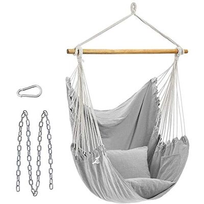 SONGMICS Hamaca, Silla Colgante, Hamaca Colgante con 2 Almohadas, Silla Colgante con Cadena, Capacidad de Carga de 150 kg, para Interior, Exterior, Salón, Dormitorio, Gris GDC187G01 SONGMICS Hamaca, Silla Colgante, Hamaca Colgante con 2 Almohadas, Silla Colgante con Cadena, Capacidad de Carga de 150 kg, para Interior, Exterior, Salón, Dormitorio, Gris GDC187G01