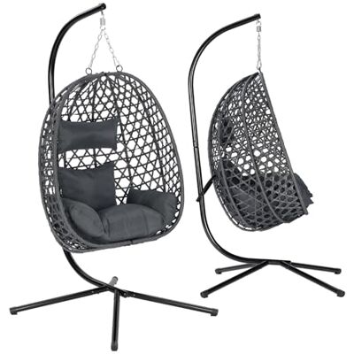 WOLTU Silla Colgante, Hamaca Columpio con Cojín y Reposacabezas, Aspecto Ratán PE y Estructura de Metal, Carga 150 kg, para Jardín, Patio y Terraza, 102x100x196 cm, Gris WOLTU Silla Colgante, Hamaca Columpio con Cojín y Reposacabezas, Aspecto Ratán PE y Estructura de Metal, Carga 150 kg, para Jardín, Patio y Terraza, 102x100x196 cm, Gris
