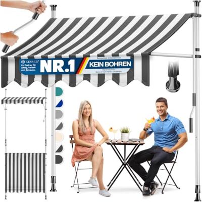 KESSER Toldo con manivela y cadena de luces LED, toldo para balcón, sin agujeros, resistente a los rayos UV, altura regulable e impermeable, protección solar para balcón, terraza y jardín, 300 cm KESSER Toldo con manivela y cadena de luces LED, toldo para balcón, sin agujeros, resistente a los rayos UV, altura regulable e impermeable, protección solar para balcón, terraza y jardín, 300 cm