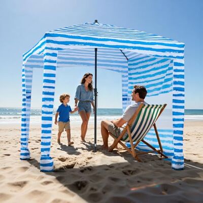 VEVOR Cabaña de Playa con Toldo Lateral, Protección Solar UPF 50+, Incluye Sacos de Arena, Sombrilla Portátil para Disfrutar en Familia o con Amigos, Rayas Azules y Blancas, 1830 x 1830 x 2290 mm VEVOR Cabaña de Playa con Toldo Lateral, Protección Solar UPF 50+, Incluye Sacos de Arena, Sombrilla Portátil para Disfrutar en Familia o con Amigos, Rayas Azules y Blancas, 1830 x 1830 x 2290 mm