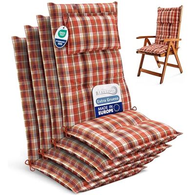 Beautissu Set de 4 Cojines para Sillas de Balcón con Respaldo Alto tumbonas 120x50cm almohadillas de 7cm naranja-rojo-verde a cuadros para exterior y terrazas hecho en la UE cojín asiento Beautissu Set de 4 Cojines para Sillas de Balcón con Respaldo Alto tumbonas 120x50cm almohadillas de 7cm naranja-rojo-verde a cuadros para exterior y terrazas hecho en la UE cojín asiento