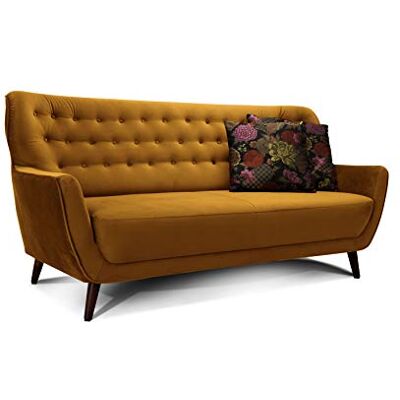 Cavadore Abby Sofá de 3 plazas de estilo retro con acabado de efecto terciopelo capitoné, unas medidas de 183 x 89 x 88 cm y en color dorado Cavadore Abby Sofá de 3 plazas de estilo retro con acabado de efecto terciopelo capitoné, unas medidas de 183 x 89 x 88 cm y en color dorado