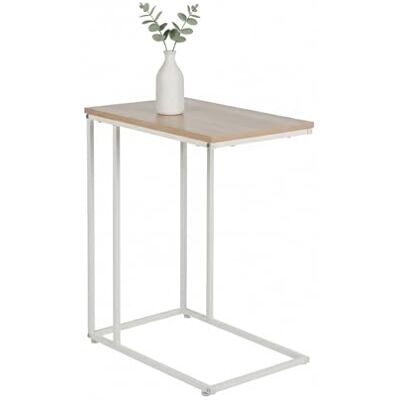 Relaxdays Mesa Auxiliar , HxBxT: 64 x 50 x 35 cm, MDF, Hierro, Forma en C, Mesa de sofá, salón, Blanco/Natural Relaxdays Mesa Auxiliar , HxBxT: 64 x 50 x 35 cm, MDF, Hierro, Forma en C, Mesa de sofá, salón, Blanco/Natural