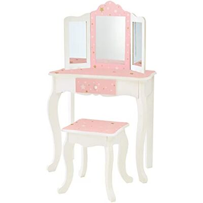 Teamson Kids Mesa de tocador rosa de madera con espejo y banqueta de Teamson Kids Mesa de tocador rosa de madera con espejo y banqueta de