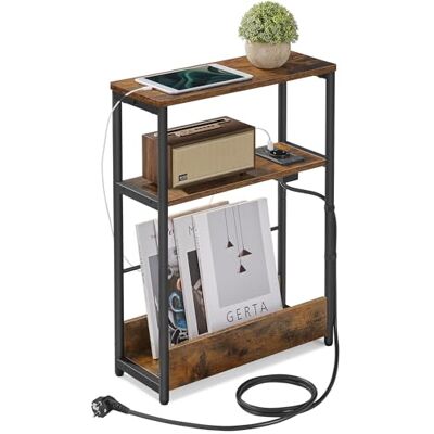 VASAGLE Mesa Auxiliar con Multienchufe, Mesita Estrecha con 3 Estantes, para Espacios Pequeños con Revistero, para Salón, Dormitorio, Estudio, Marrón Rústico y Negro Tinta VASAGLE Mesa Auxiliar con Multienchufe, Mesita Estrecha con 3 Estantes, para Espacios Pequeños con Revistero, para Salón, Dormitorio, Estudio, Marrón Rústico y Negro Tinta