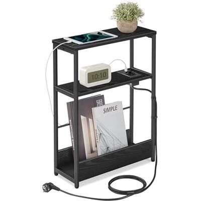 VASAGLE Mesa Auxiliar con Multienchufe, Mesita Estrecha con 3 Estantes, para Espacios Pequeños con Revistero, para Salón, Dormitorio, Estudio, Negro Ébano y Negro Tinta VASAGLE Mesa Auxiliar con Multienchufe, Mesita Estrecha con 3 Estantes, para Espacios Pequeños con Revistero, para Salón, Dormitorio, Estudio, Negro Ébano y Negro Tinta