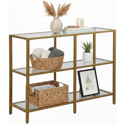 Relaxdays Mesa Consola , (73 x 100 x 30 cm), Metal, Cristal, Consola Estrecha para el Pasillo con 3 estantes, Dorada. Relaxdays Mesa Consola , (73 x 100 x 30 cm), Metal, Cristal, Consola Estrecha para el Pasillo con 3 estantes, Dorada.