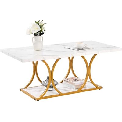 VEVOR Mesa Auxiliar con Aspecto de Mármol, Mesa Rectangular de 2 Niveles con Estructura Metálica, Patas Geométricas y Capacidad de Carga de 95 kg, Blanca, para Sofá u Oficina, 120 x 59,5 x 48 cm VEVOR Mesa Auxiliar con Aspecto de Mármol, Mesa Rectangular de 2 Niveles con Estructura Metálica, Patas Geométricas y Capacidad de Carga de 95 kg, Blanca, para Sofá u Oficina, 120 x 59,5 x 48 cm