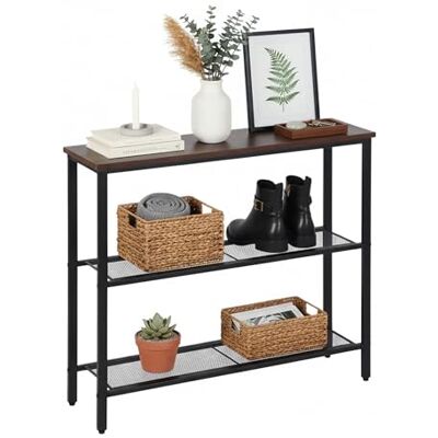 Relaxdays Mesa Consola , HxBxT: 75 x 80 x 23 cm, Metal, MDF, Consola Estrecha para el Pasillo, 3 estantes, marrón/Negro Relaxdays Mesa Consola , HxBxT: 75 x 80 x 23 cm, Metal, MDF, Consola Estrecha para el Pasillo, 3 estantes, marrón/Negro