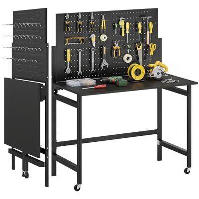 HOMCOM Banco de Trabajo Plegable con Tablero Perforado 115x62x143,5cm Negro HOMCOM Banco de Trabajo Plegable con Tablero Perforado 115x62x143,5cm Negro
