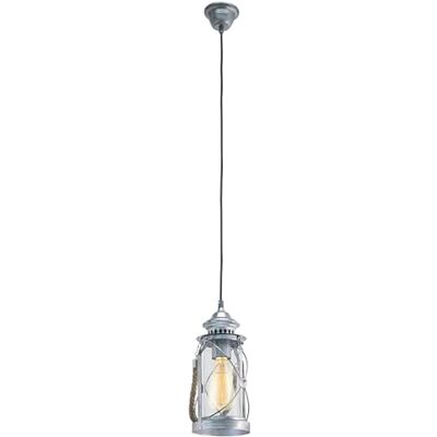 Eglo Lámpara colgante Bradford, lámpara vintage de una luz, diseño linterna, material acero, color plata antiguo, vidrio transparente, casquillo E27 Eglo Lámpara colgante Bradford, lámpara vintage de una luz, diseño linterna, material acero, color plata antiguo, vidrio transparente, casquillo E27