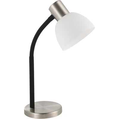 Eglo Macere Lámpara de mesa para oficina y dormitorio, lámpara de escritorio de metal plateado y cristal blanco, lámpara de noche con casquillo E14 Eglo Macere Lámpara de mesa para oficina y dormitorio, lámpara de escritorio de metal plateado y cristal blanco, lámpara de noche con casquillo E14
