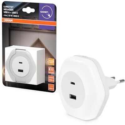 OSRAM Luz nocturna enchufable LUNETTA HEXAGON, blanca, 5W, 5lm, sensor de luz blanco cálido, puerto USB-A y USB-C, tecnología LED, funcionalidad de carga, larga duración, IP20, 3000K. OSRAM Luz nocturna enchufable LUNETTA HEXAGON, blanca, 5W, 5lm, sensor de luz blanco cálido, puerto USB-A y USB-C, tecnología LED, funcionalidad de carga, larga duración, IP20, 3000K.