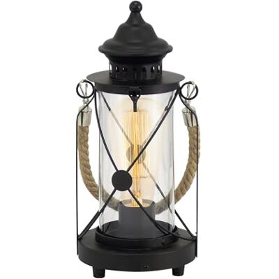 Eglo Lámpara de mesa Bradford, lámpara de mesa vintage con 1 bombilla, farola, lámpara de mesita de noche de acero, color negro, vidrio transparente, casquillo E27, incl interruptor Eglo Lámpara de mesa Bradford, lámpara de mesa vintage con 1 bombilla, farola, lámpara de mesita de noche de acero, color negro, vidrio transparente, casquillo E27, incl interruptor