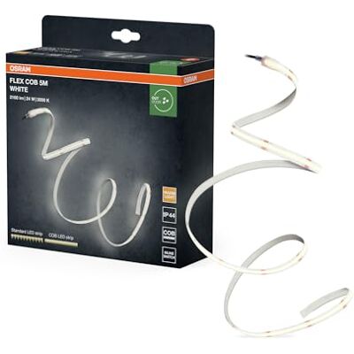 OSRAM Tira LED FLEX COB OUTDOOR 5M, blanca, 22W, 800lm, luz blanca cálida, tecnología COB, distribución homogénea de la luz, larga duración, fácil instalación, para interior, IP44, 3000K OSRAM Tira LED FLEX COB OUTDOOR 5M, blanca, 22W, 800lm, luz blanca cálida, tecnología COB, distribución homogénea de la luz, larga duración, fácil instalación, para interior, IP44, 3000K