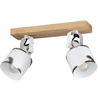 Eglo Kilburn Lámpara de techo de 2 luces con focos orientables, FSC100HB, lámpara para techo estilo casa de campo, metal blanco y madera al natural, foco de techo con casquillo E27 Eglo Kilburn Lámpara de techo de 2 luces con focos orientables, FSC100HB, lámpara para techo estilo casa de campo, metal blanco y madera al natural, foco de techo con casquillo E27