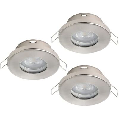 Eglo set de 3 focos LED empotrables Favazzina, spots redondos de techo, halógenos planos de metal en plata, con bombillas GU10, luz cálida, Ø 8,5 cm Eglo set de 3 focos LED empotrables Favazzina, spots redondos de techo, halógenos planos de metal en plata, con bombillas GU10, luz cálida, Ø 8,5 cm
