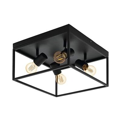 Eglo Silentina Lámpara de techo de 4 focos, lámpara industrial de acero en negro para salón cocina o pasillo, con casquillo E27 Eglo Silentina Lámpara de techo de 4 focos, lámpara industrial de acero en negro para salón cocina o pasillo, con casquillo E27