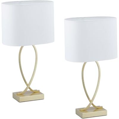 Relaxdays Lámpara de Mesa, Set 2, Base Metálica y Pantalla Tela, E27, 51 x 28 x 18 cm, Lamparita Noche, Dorado/Blanco Relaxdays Lámpara de Mesa, Set 2, Base Metálica y Pantalla Tela, E27, 51 x 28 x 18 cm, Lamparita Noche, Dorado/Blanco
