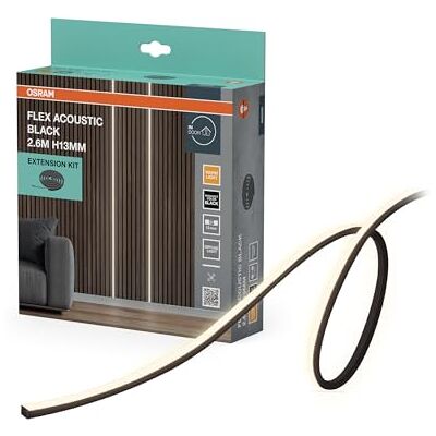 OSRAM Tiras LED acústicas negras Flex, 2.6m, 24W, 260lm, 3000K blanco cálido, H13mm, Kit de Extensión, negro mate, Silicona OSRAM Tiras LED acústicas negras Flex, 2.6m, 24W, 260lm, 3000K blanco cálido, H13mm, Kit de Extensión, negro mate, Silicona