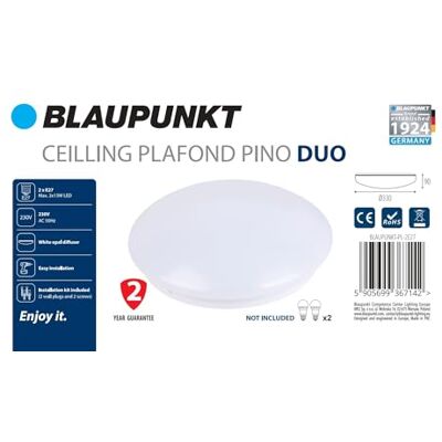 Blaupunkt Lámpara de techo LED con dos bombillas E27 reemplazables, moderna, redonda, techo empotrado para interior exterior, pasillo de oficina Blaupunkt Lámpara de techo LED con dos bombillas E27 reemplazables, moderna, redonda, techo empotrado para interior exterior, pasillo de oficina