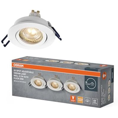 OSRAM Foco empotrable LED Spot Set DIM Flexible 3,7 W Blanco, 2700 K Blanco cálido, Aluminio, Regulable Montaje por clic, Juego de 3 OSRAM Foco empotrable LED Spot Set DIM Flexible 3,7 W Blanco, 2700 K Blanco cálido, Aluminio, Regulable Montaje por clic, Juego de 3