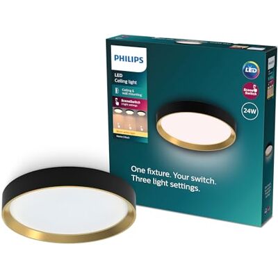 Philips LED Hanno Plafón de Techo, 24W, 2700 lm, Luz Blanca Cálida 2700K, Protección IP20, SceneSwitch, Redondo, Detalle Dorado, Color Negro Philips LED Hanno Plafón de Techo, 24W, 2700 lm, Luz Blanca Cálida 2700K, Protección IP20, SceneSwitch, Redondo, Detalle Dorado, Color Negro