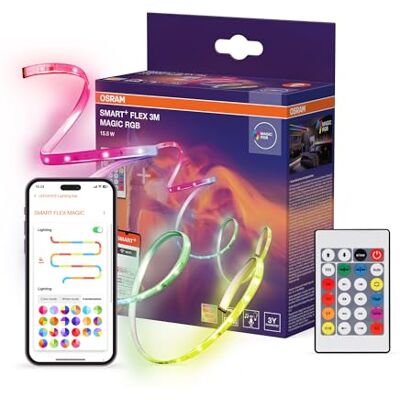 OSRAM Tira LED SMART+ WIFI FLEX 3M, blanca, 15W, 350lm, regulable, efecto Magic RGB dinámico, elección individual del color de la luz, control mediante app, larga duración, fácil instalación, IP20 OSRAM Tira LED SMART+ WIFI FLEX 3M, blanca, 15W, 350lm, regulable, efecto Magic RGB dinámico, elección individual del color de la luz, control mediante app, larga duración, fácil instalación, IP20