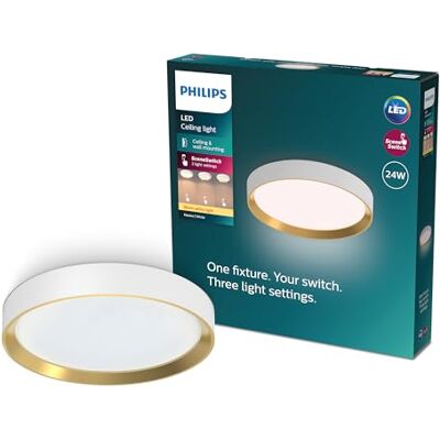Philips LED Hanno Plafón de Techo, 24W, 2700 lm, Luz Blanca Cálida 2700K, Protección IP20, SceneSwitch, Redondo, Detalle Dorado, Color Blanco Philips LED Hanno Plafón de Techo, 24W, 2700 lm, Luz Blanca Cálida 2700K, Protección IP20, SceneSwitch, Redondo, Detalle Dorado, Color Blanco