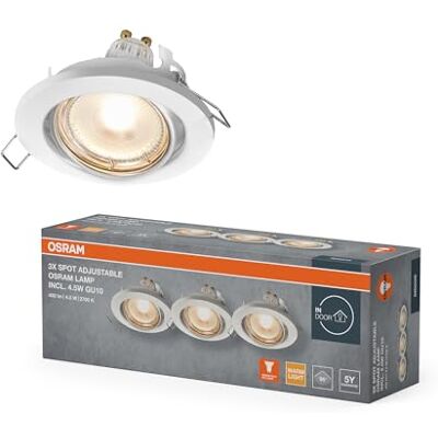 OSRAM Spot Set luz empotrada GU10, 4.5W 2700K blanco cálido, giratorio, Aluminio blanco, Lámpara GU10 incluida, IP20 OSRAM Spot Set luz empotrada GU10, 4.5W 2700K blanco cálido, giratorio, Aluminio blanco, Lámpara GU10 incluida, IP20