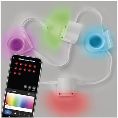 EMOS Luces de pared Smart Spot, 4 unidades RGBIC+CCT LED Downlights para pegar, regulable 2,4 GHz WiFi Ambientlicht HandyApp, asistente de voz focos interiores blanco EMOS Luces de pared Smart Spot, 4 unidades RGBIC+CCT LED Downlights para pegar, regulable 2,4 GHz WiFi Ambientlicht HandyApp, asistente de voz focos interiores blanco