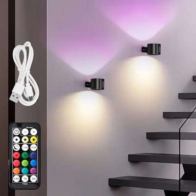 LuminexDesigns 2 Apliques de Pared LED Inalámbricos Recargables, Negro, RGB 7 Colores Regulables con Mando a Distancia, Luz Bidireccional, Temporizador, Giro 360°, para Dormitorio y Salón LuminexDesigns 2 Apliques de Pared LED Inalámbricos Recargables, Negro, RGB 7 Colores Regulables con Mando a Distancia, Luz Bidireccional, Temporizador, Giro 360°, para Dormitorio y Salón