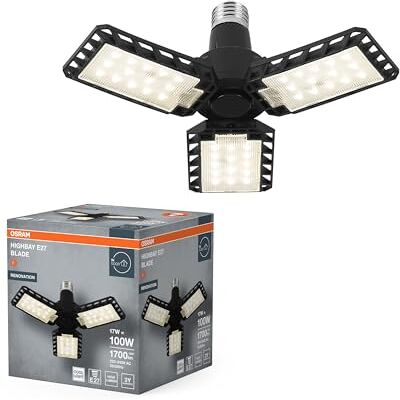 OSRAM Highbay Blade, lámpara de techo negra de plástico con paneles ajustables, ofrece 17 W y 1700 lm de luz blanca neutra con 4000 K, rosca E27, 231mm Ø, IP20 OSRAM Highbay Blade, lámpara de techo negra de plástico con paneles ajustables, ofrece 17 W y 1700 lm de luz blanca neutra con 4000 K, rosca E27, 231mm Ø, IP20
