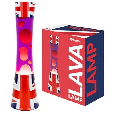 Fisura Lámpara de lava bandera Reino Unido. Base con patrón de bandera, líquido morado y lava roja. Lámpara de efecto relajante. Con bombilla de repuesto. 11 cm x 11 cm x 39,5 cm. Fisura Lámpara de lava bandera Reino Unido. Base con patrón de bandera, líquido morado y lava roja. Lámpara de efecto relajante. Con bombilla de repuesto. 11 cm x 11 cm x 39,5 cm.