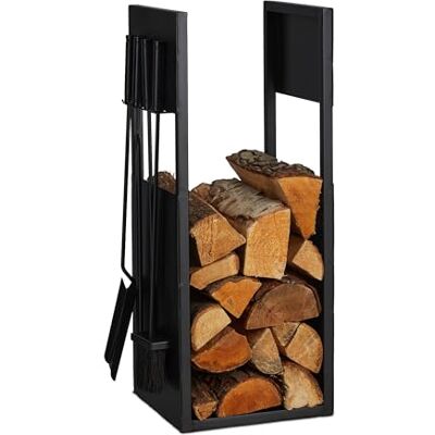 Relaxdays Leñero con Utensilios de Chimenea, Metal, 76,5 x 36 x 30 cm, Estante de Leña para Interior, Negro Relaxdays Leñero con Utensilios de Chimenea, Metal, 76,5 x 36 x 30 cm, Estante de Leña para Interior, Negro