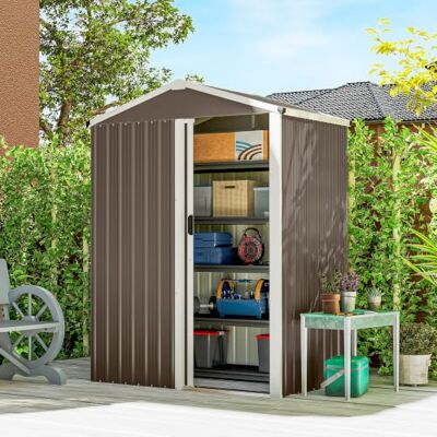 Outsunny Caseta de Jardín Exterior, 1,1 m², 136x87x176 cm, Marrón Cobertizo de Jardín Exterior Metálico, Puerta Corredera, Techo Inclinado, Guantes, para Almacenaje de Herramientas Outsunny Caseta de Jardín Exterior, 1,1 m², 136x87x176 cm, Marrón Cobertizo de Jardín Exterior Metálico, Puerta Corredera, Techo Inclinado, Guantes, para Almacenaje de Herramientas
