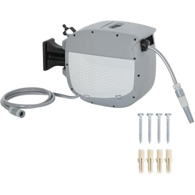 Outsunny Enrollador de Manguera para Jardín 20+1,9 m de Pared Gris Carrete de Manguera de Jardín, Boquilla de 2 Modos, Bloqueo Automático, Retracción Controlada, Soporte Orientable 180° Outsunny Enrollador de Manguera para Jardín 20+1,9 m de Pared Gris Carrete de Manguera de Jardín, Boquilla de 2 Modos, Bloqueo Automático, Retracción Controlada, Soporte Orientable 180°