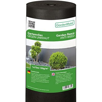 GardenMate Rollo de Malla geotextil prémium de 1 m x 75 m y 150 g/m² – Geotextil extrarresistente para Malas Hierbas – Alta estabilización contra UV – Permeable al Agua – 1 m x 75 m = 75 m² GardenMate Rollo de Malla geotextil prémium de 1 m x 75 m y 150 g/m² – Geotextil extrarresistente para Malas Hierbas – Alta estabilización contra UV – Permeable al Agua – 1 m x 75 m = 75 m²