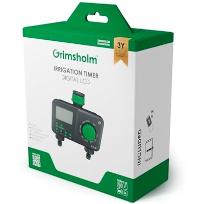 Grimsholm Green Grimsholm Temporizador LCD Digital de Riego, 2 Vías con Ajustes Individuales, 30 Programas Preestablecidos Grimsholm Green Grimsholm Temporizador LCD Digital de Riego, 2 Vías con Ajustes Individuales, 30 Programas Preestablecidos