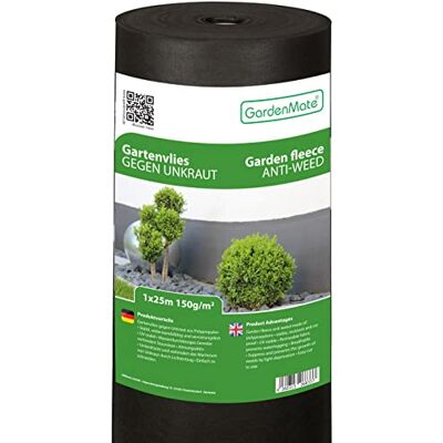 GardenMate Rollo de Malla geotextil prémium de 1 m x 25 m y 150 g/m² – Geotextil extrarresistente para Malas Hierbas – Alta estabilización contra UV – Permeable al Agua – 1 m x 25 m = 25 m² GardenMate Rollo de Malla geotextil prémium de 1 m x 25 m y 150 g/m² – Geotextil extrarresistente para Malas Hierbas – Alta estabilización contra UV – Permeable al Agua – 1 m x 25 m = 25 m²