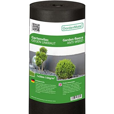 GardenMate Rollo de Malla geotextil prémium de 1 m x 50 m y 150 g/m² – Geotextil extrarresistente para Malas Hierbas – Alta estabilización contra UV – Permeable al Agua – 1 m x 50 m = 50 m² GardenMate Rollo de Malla geotextil prémium de 1 m x 50 m y 150 g/m² – Geotextil extrarresistente para Malas Hierbas – Alta estabilización contra UV – Permeable al Agua – 1 m x 50 m = 50 m²