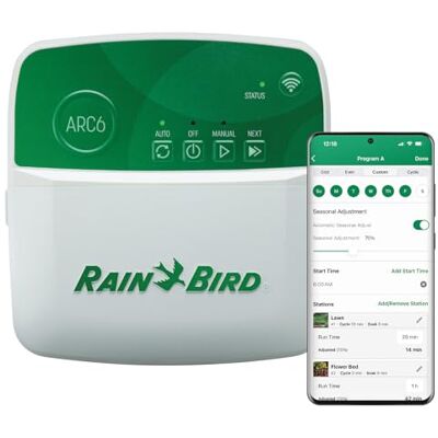 Rain Bird Temporizador/controlador inteligente de riego para interiores basado en aplicación con WiFi, 6 zonas/estación, certificado EPA WaterSense, compatible con Alexa Rain Bird Temporizador/controlador inteligente de riego para interiores basado en aplicación con WiFi, 6 zonas/estación, certificado EPA WaterSense, compatible con Alexa