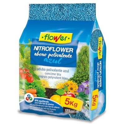 Flower Nitro Abono Polivalente Granulado Azul 5Kg NPK 10-10-20 con MG, S y Micronutrientes Cobertura de 175 m² Abono Universal Azul Flower Nitro Abono Polivalente Granulado Azul 5Kg NPK 10-10-20 con MG, S y Micronutrientes Cobertura de 175 m² Abono Universal Azul