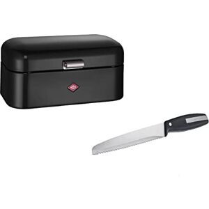 WESCO Juego de 1 panera Grandy en color negro de chapa de acero de alta calidad con recubrimiento en polvo y 1 cuchillo de pan con hoja de acero inoxidable en corte ondulado WESCO Juego de 1 panera Grandy en color negro de chapa de acero de alta calidad con recubrimiento en polvo y 1 cuchillo de pan con hoja de acero inoxidable en corte ondulado