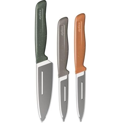 Zyliss 3 Piece Knife Set, Sharp Stainless Steel, Non Slip Soft Grip Handles, 3 x Professional Kitchen Knives with Protection Covers, Dishwasher Safe Zyliss 3 Piece Knife Set, Sharp Stainless Steel, Non Slip Soft Grip Handles, 3 x Professional Kitchen Knives with Protection Covers, Dishwasher Safe