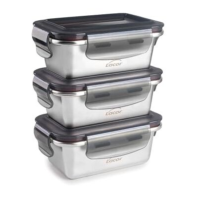 LACOR Set 3 MINI Recipientes Ecoinox Acero Inox 18/10, 260 ml Capacidades 3 x 260ml, rectangular, apto para horno, apto para lavavajillas, cierre hermético LACOR Set 3 MINI Recipientes Ecoinox Acero Inox 18/10, 260 ml Capacidades 3 x 260ml, rectangular, apto para horno, apto para lavavajillas, cierre hermético