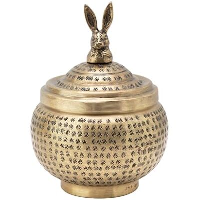 Creative Round Hammered Container with Rabbit Finial, Brass Finish Contenedor Redondo de Metal Martillado con remate de Conejo, Acabado de latón Creative Round Hammered Container with Rabbit Finial, Brass Finish Contenedor Redondo de Metal Martillado con remate de Conejo, Acabado de latón