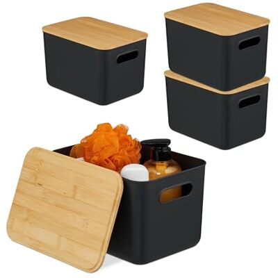 Relaxdays Set de 4 Cajas de Almacenamiento con Tapa, plástico y bambú, Asas, 16x26x17.5 cm, Negro Relaxdays Set de 4 Cajas de Almacenamiento con Tapa, plástico y bambú, Asas, 16x26x17.5 cm, Negro