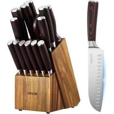 VEVOR Juego de Cuchillos de Acero Inoxidable de Alto Carbono, con Bloque de Madera y Afilador, 15 Piezas, con Mango Ergonómico, para el Hogar, Diseño con Bordes Redondeados, 131 x 195 x 345 mm VEVOR Juego de Cuchillos de Acero Inoxidable de Alto Carbono, con Bloque de Madera y Afilador, 15 Piezas, con Mango Ergonómico, para el Hogar, Diseño con Bordes Redondeados, 131 x 195 x 345 mm